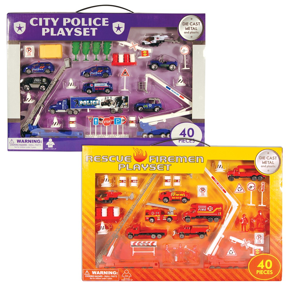 40 Piece Diecast Playsets (Police & Firemen; sold separately)