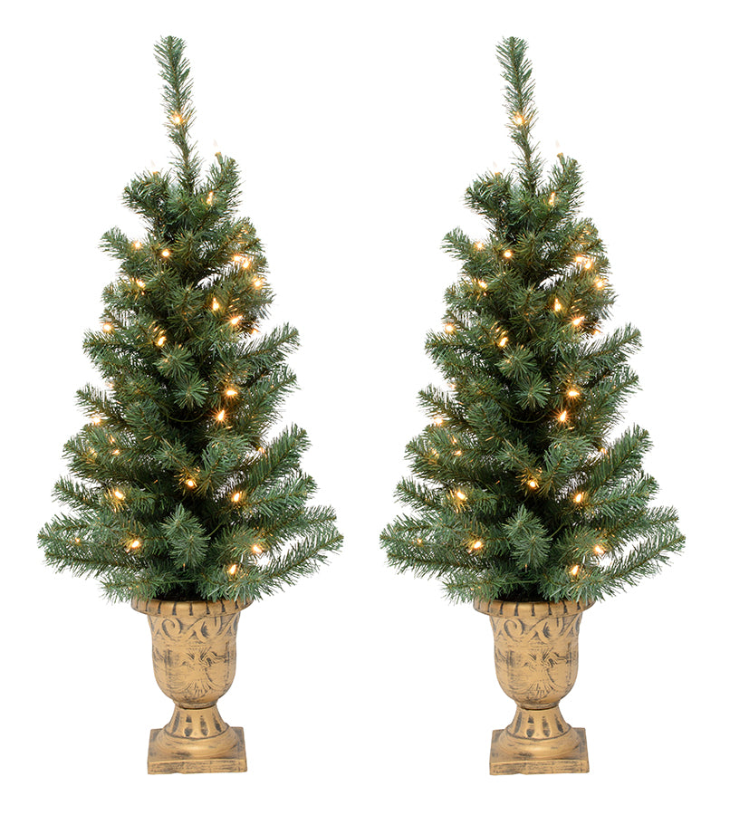 Pair of 3.5' Pre-Lit Artificial Porch Christmas Trees