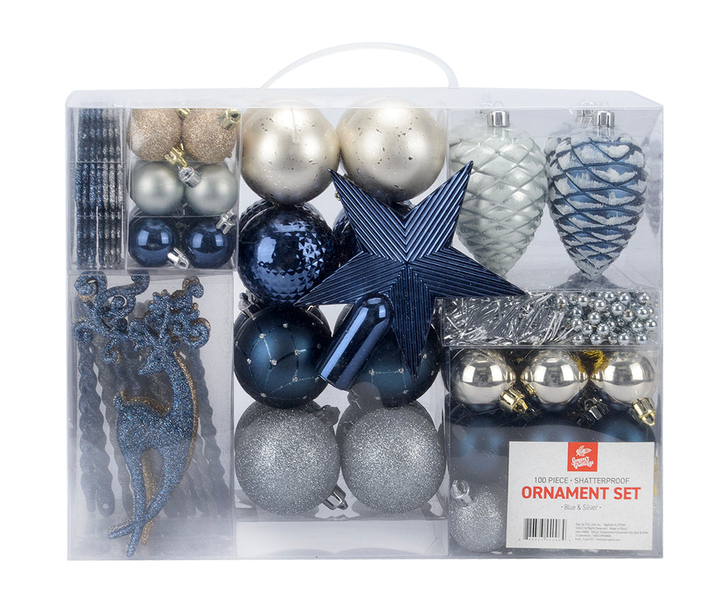 100-piece Blue/Silver Plastic Ornament Set